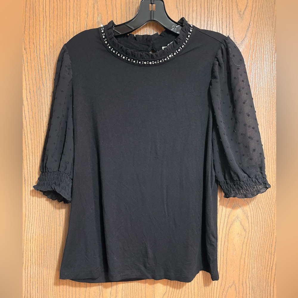 Status by Chenault Black Blouse with Rhinestone Collar and Keyhole Back
